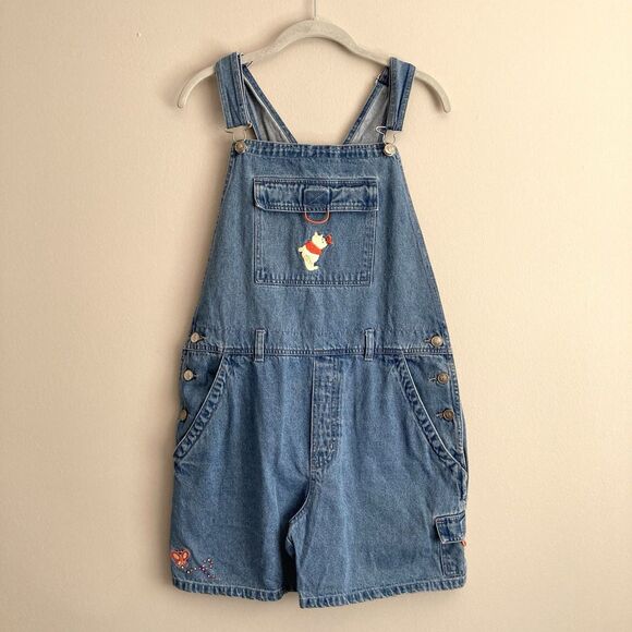 Disney Vtg 90s Winnie the Pooh Denim Embroidered cargo pocket Shortalls Medium - Picture 1 of 12
